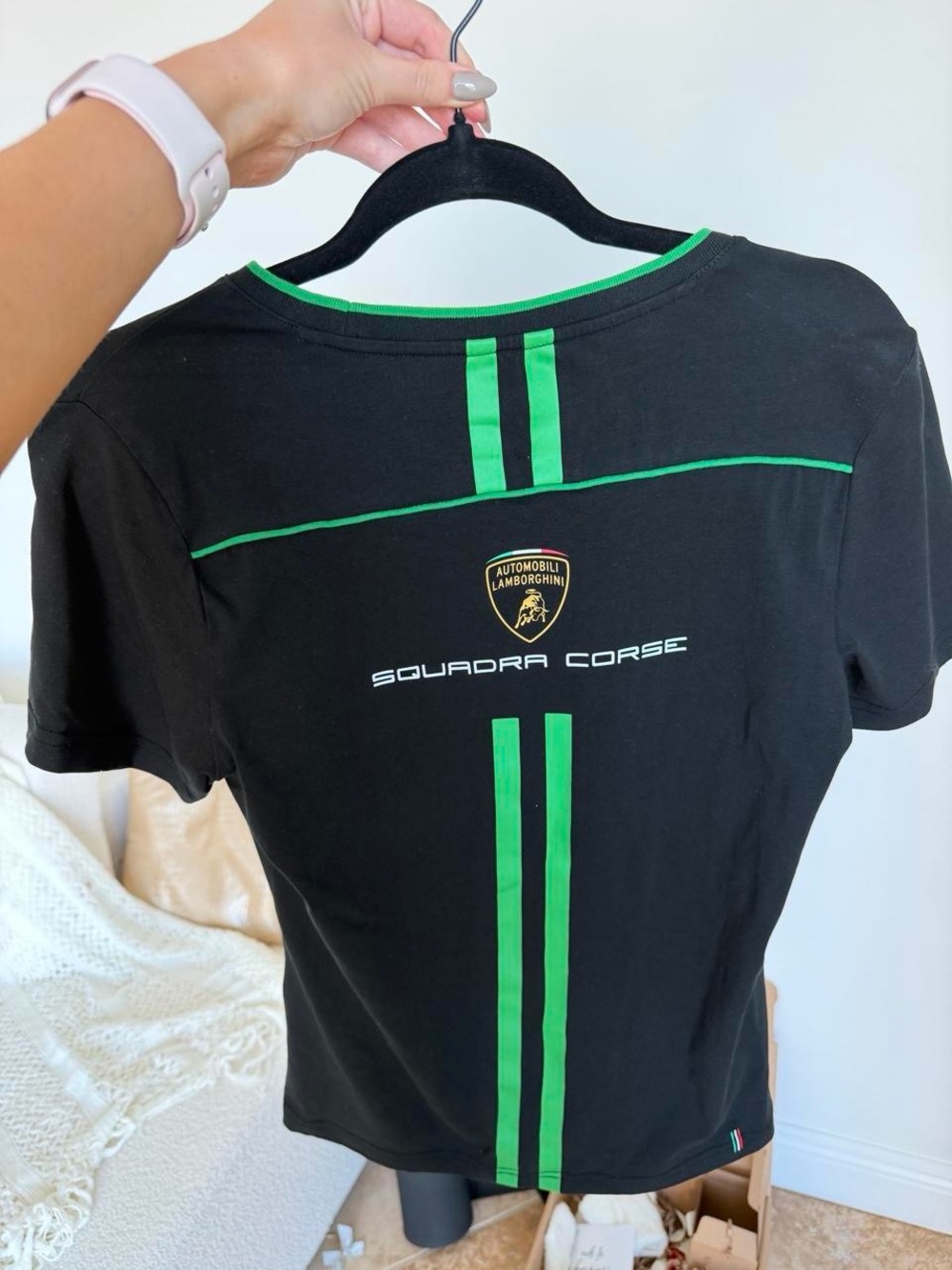 Lamborghini Black Tee with Green Racing Stripes